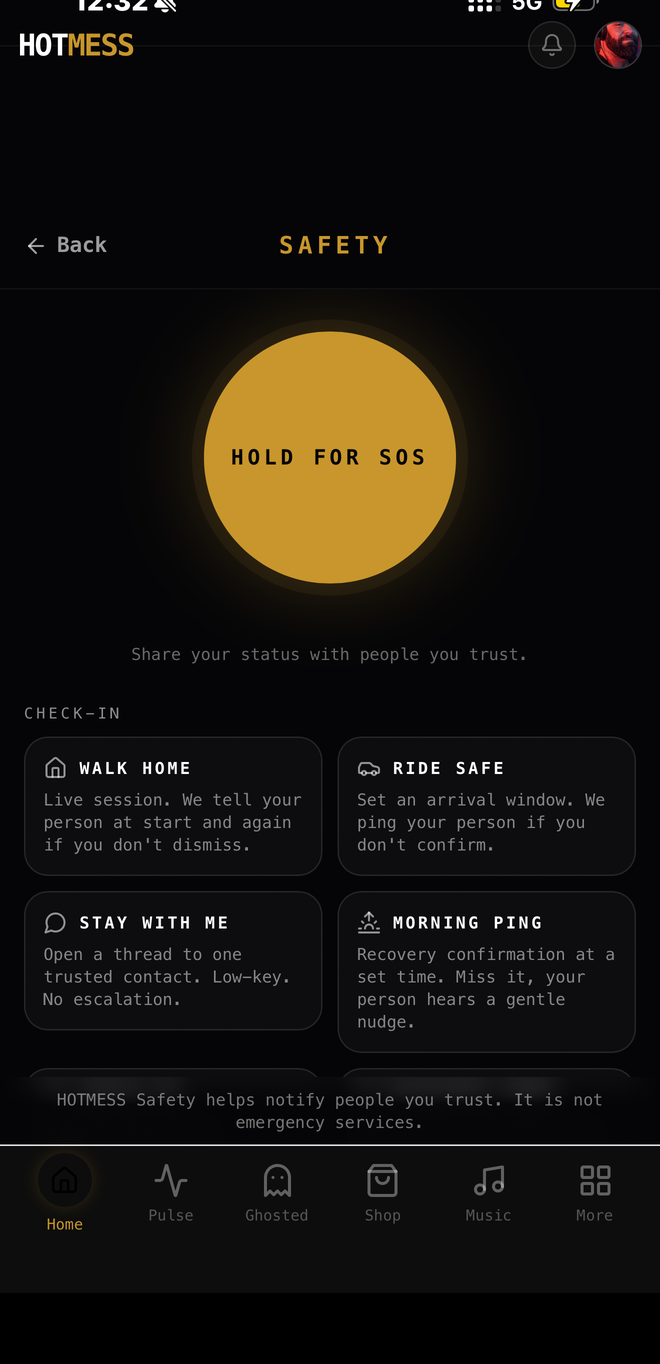 HOTMESS Safety suite — Hold for SOS, check-in and trusted contacts